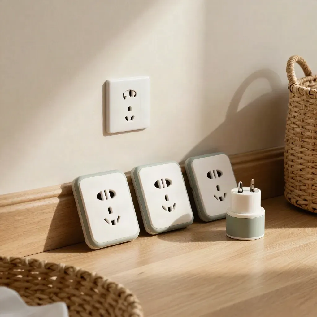 Kit Safe Socket su pavimento in rovere con presa e accessori protettivi, luce morbida.