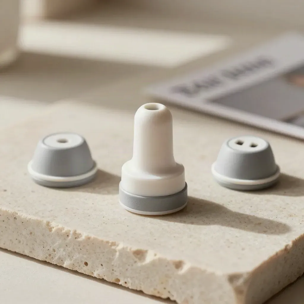 Adattatore baby-safe bianco e grigio su lastra di pietra calcarea con accessori protettivi