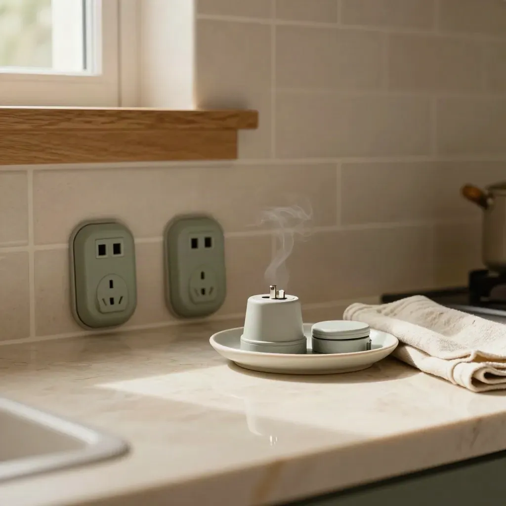 Inserti anti-tocco e copriprese su marmo caldo in cucina luminosa, luce soffusa dall'alto